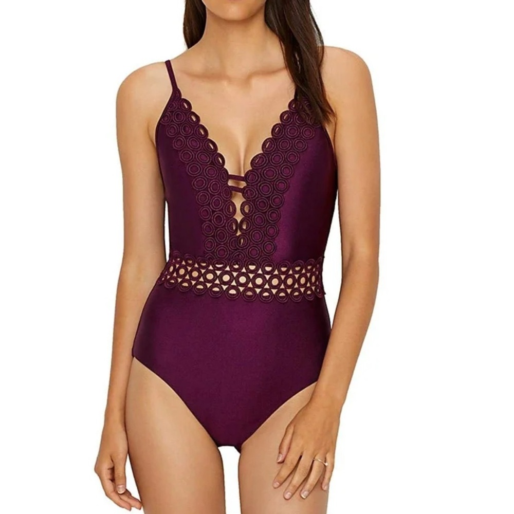 BECCA Purple Lace Trim One Piece Swimsuit
